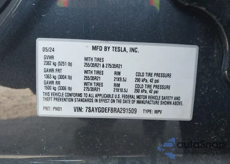 2024 Tesla Model Y Performance Dual Motor All-Wheel Drive из США, поврежденный, VIN 7SAYGDEF8RA291509